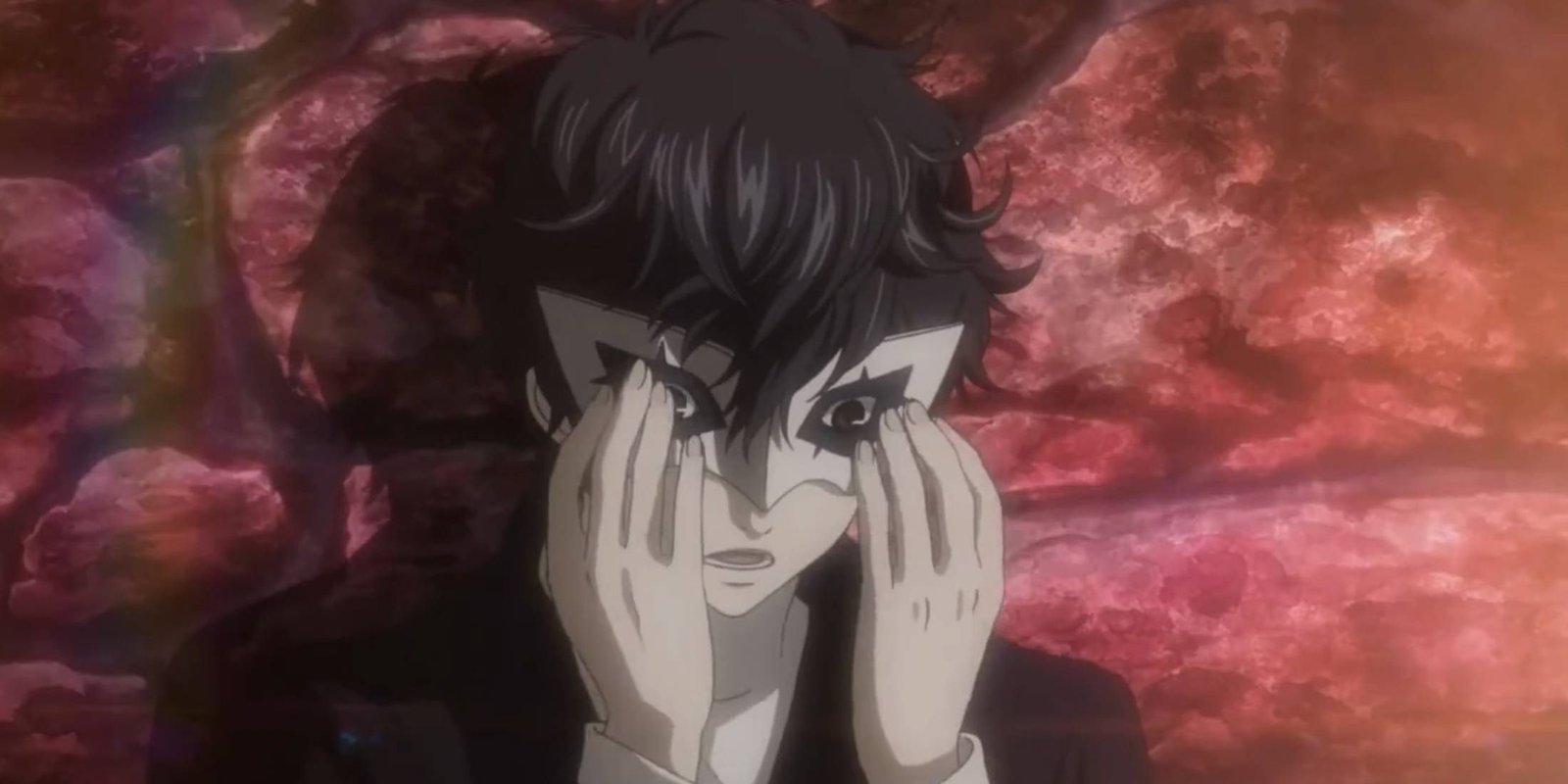 Joker reaching for his mask in Persona 5
